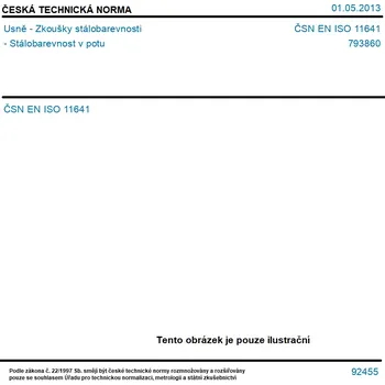 ČSN EN ISO 11641 - Usně - Zkoušky stálobarevnosti - Stálobarevnost v potu - Tisk