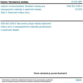 ČSN EN 2155-3 - Letectví a kosmonautika. Zkušební metody pro transparentní materiály k zasklívání letadel. Část 3: Stanovení indexu lomu - Tisk