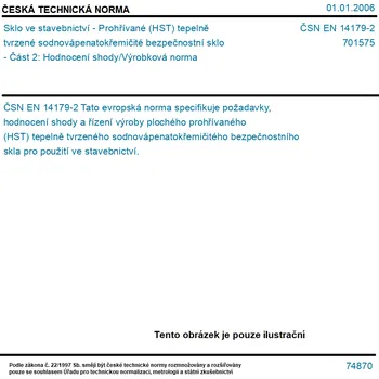 ČSN EN 14179-2 - Sklo ve stavebnictví - Prohřívané (HST) tepelně tvrzené sodnovápenatokřemičité bezpečnostní sklo - Část 2: Hodnocení shody/Výrobková norma - Tisk