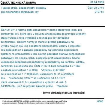 ČSN 21 0714 - Tvářecí stroje. Bezpečnostní předpisy pro mechanické ohraňovací lisy - Tisk