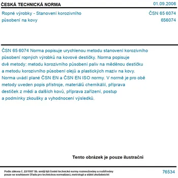 ČSN 65 6074 - Ropné výrobky - Stanovení korozivního působení na kovy - Tisk