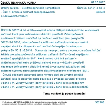 ČSN EN 50121-4 ed. 4 - Drážní zařízení - Elektromagnetická kompatibilita - Část 4: Emise a odolnost zabezpečovacích a sdělovacích zařízení - Tisk
