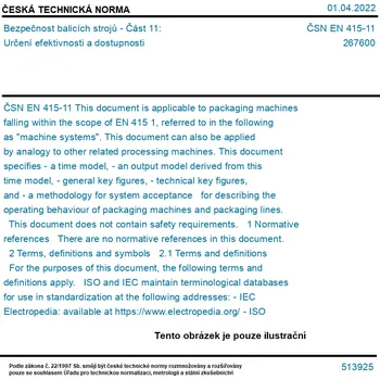 ČSN EN 415-11 - Bezpečnost balicích strojů - Část 11: Určení efektivnosti a dostupnosti - Tisk