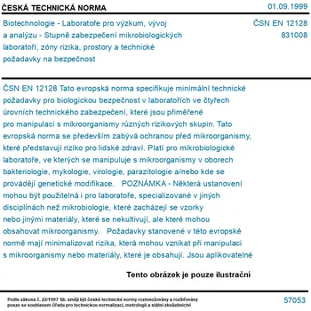 ČSN EN 12128 - Biotechnologie - Laboratoře pro výzkum, vývoj a analýzu - Stupně zabezpečení mikrobiologických laboratoří, zóny rizika, prostory a technické požadavky na bezpečnost - Tisk