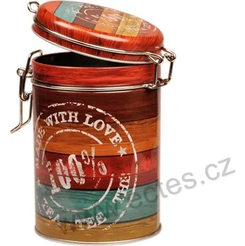 Dóza na potraviny TEA HNĚDÝ MADE WITH LOVE hermetická plechová dóza s klipem na čaj 824 červené a hnědé pruhy