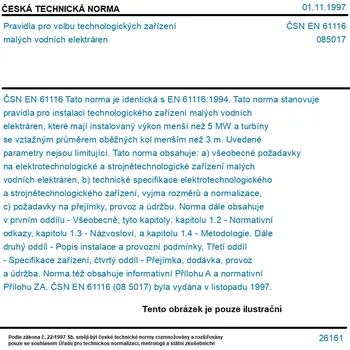 ČSN EN 61116 - Pravidla pro volbu technologických zařízení malých vodních elektráren - Tisk