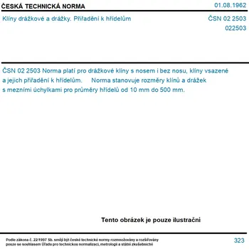 ČSN 02 2503 - Klíny drážkové a drážky. Přiřadění k hřídelům - Tisk