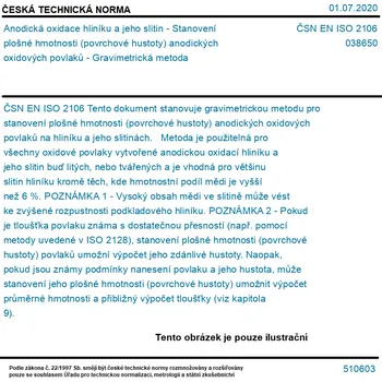 ČSN EN ISO 2106 - Anodická oxidace hliníku a jeho slitin - Stanovení plošné hmotnosti (povrchové hustoty) anodických oxidových povlaků - Gravimetrická metoda - Tisk