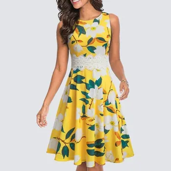 Dámské šaty Vintage Casual dámské letní šaty s krajkou v pase Barva: 19 - Yellow White Floral, Velikost: XXL