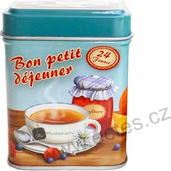 Dóza na potraviny BON PETIT světle modrá plechová dóza na čaj 7421 šálek čaje s croissantem a ovocem