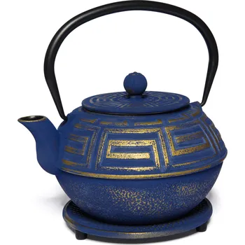 Konvice na čaj Čajová zahrada Japonská litinová konvice Sendai modrá 1200ml s podložkou
