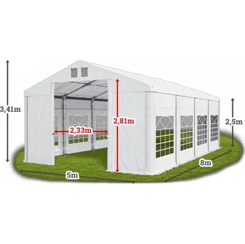 Zahradní stan Párty stan 5x8x2,5m střecha PVC 560g/m2 boky PVC 500g/m2 konstrukce ZIMA Bílá Bílá Šedá