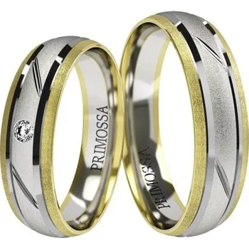 Prsten Primossa Snubní prsteny s pískovaným povrchem a zirkonem Primossa, bílé a žluté zlato - vzor č. 823 Dámský prsten: 47 mm, Pánský prsten: 53mm