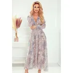 Béžovo-modré šifónové midi šaty s výstřihem LITA 378-2 Velikost: S