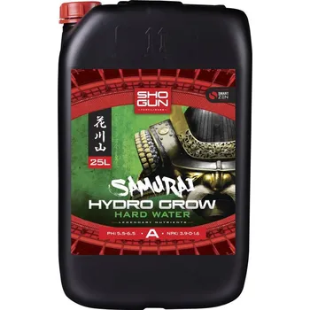 Hnojivo Shogun Samurai Hydro Grow A+B 25L tvrdá voda (SHOGUN Samurai Hydro je kompletní dvousložková hydroponická výživa, která konkuruje všem ostatním. Obsahuje rafinované, přesně formulované složky, které zajišťují úžasný vegetativní a kvetoucí vývoj rostlin. P