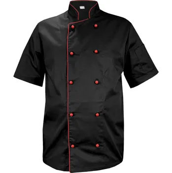 Gastro oděv Černá pánská kuchařská bunda s bordó lemováním – gastronomický plášť, krátký rukáv (XL)