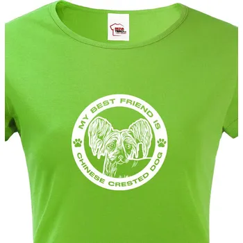 Dámské tričko Dámské tričko Čínský chocholatý pes kulatý motiv, Barva Zelená, Velikost XL, Canvas Dámské tričko s krátkým rukávem 1295
