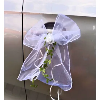 Svatební dekorace Mašlička dekorační bílá s růžičkou a zelenými lístky - 2ks