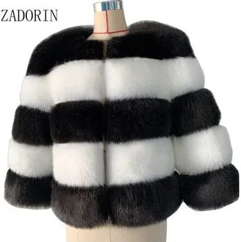 Dámská parka Dámský přichovaný kožich plyšová bunda bez kapuce Barva: Černo-Bílá, Velikost: S