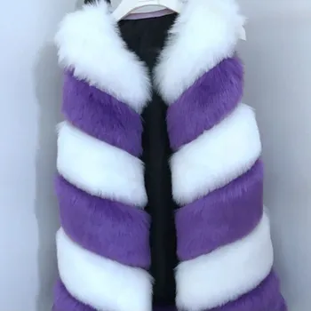 Dámská vesta Dlouhá vesta kožešinová vícebarevný kožich s pruhy Barva: Fialová, Velikost: 3XL