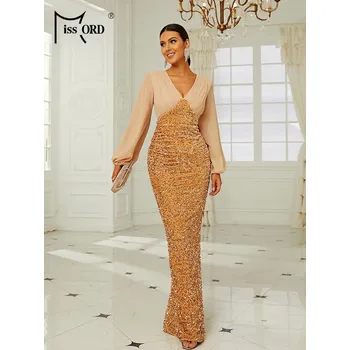 Dámské šaty Dlouhé třpytivé šaty na svatbu s výstřihem do V Barva: Zlatá, Velikost: S