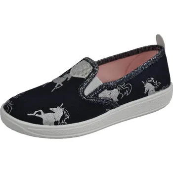 Dívčí baleríny SKARPOL Obuv slip on přezůvky bačkory mokasíny ADA 215-5 tmavé s jednorožci s koženou stélkou velikost: 32