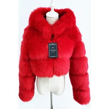 Dámský kožich Crop kožich s kapucí krátká kožešinová bunda Barva: Červená, Velikost: XL