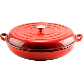 Pánev Litinová pánev smaltovaná 40 cm s poklicí červená (červeně smaltovaná litinová pánev 40 cm s poklicí)