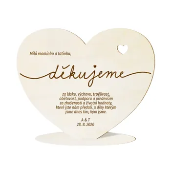 Svatební dekorace Poděkování rodičům srdce se stojánkem 18 x 15 cm