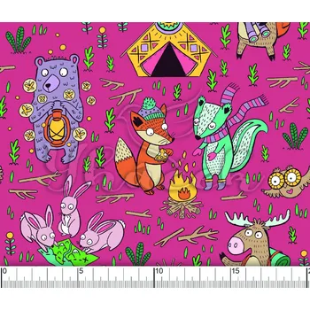 Zakázkový tisk, softshell, kočárkovina... Kempující zvířátka na růžové Látky k tisku: Microfirba