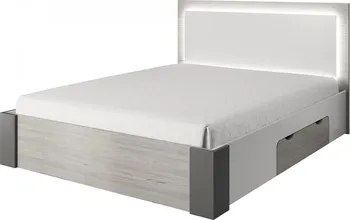 Postel Helen manželská postel s LED osvětlením 160 x 200 cm bílá/dub kathult/šedá