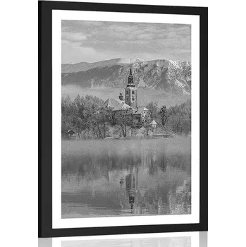 Plakát Dovido Plakát s paspartou kostel u jezera Bled ve Slovinsku v černobílém provedení
