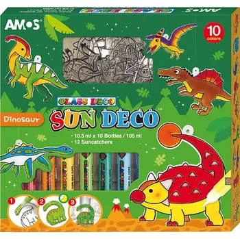 Speciální výtvarná barva AMOS Barvy na sklo dinosaurus 10x 10,5 ml + 12 sklíček