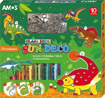 Speciální výtvarná barva AMOS Barvy na sklo dinosaurus 10x 10,5 ml + 12 sklíček