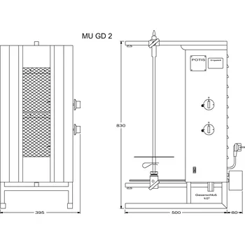 Kuchyňský gril Plynový gril na kebab/gyros, 2 topná pole, zátěž 30 kg, 7 kW, dolní pohon, 635x550x915 mm, nádoba na tuk 500x500 mm | POTIS, MU GD2/zemní plyn