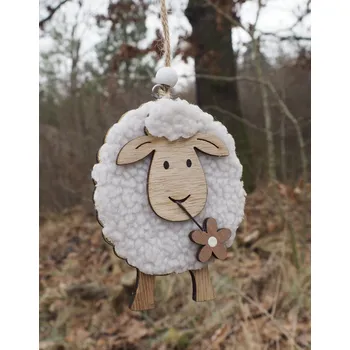 Velikonoční dekorace Ovečka závěsná dřevěná s plyšem