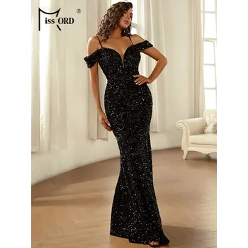 Dámské šaty Plesové šaty třpytivé i na silvestra s ramínky a spadlými rameny Barva: Černá, Velikost: S