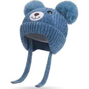 Čepice Dětská zimní pletená čepice s bambulemi a medvídkem Barva: modrá