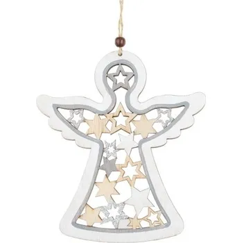 Anděl dřevěný se stříbrnými glitry 15 x 17 cm