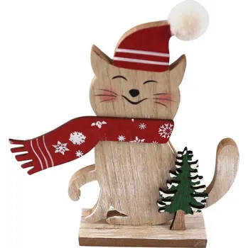 Dekorace dřevo 190x210mm, kočka na postavení, přírodní, červená 135 gram