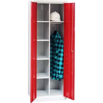 Úklidová, kovová skříň, v x š x h: 1800 x 600 x 500 mm, 4 police v levé části, pravá část s jednou horní policí, barva šedá RAL7035 / červená RAL3020