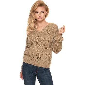 Dámský svetr PeeKaBoo Dámský volný háčkovaný svetr s výstřihem do V Gardony cappuccino univerzální