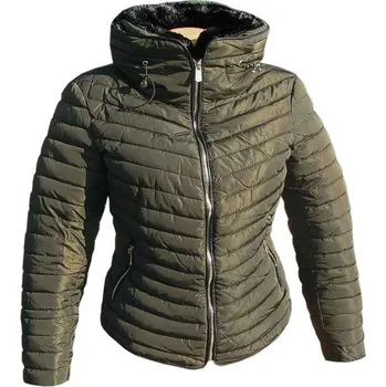 Bunda dámská zimní se skrytou kapucí Dromedar oliva (prošívaná zateplená bunda pro ženy a dívky)