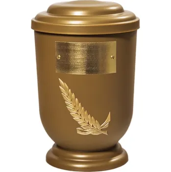 Smuteční dekorace Pohřební Plastová urna na popel, oválné oblé víčko, zlatá, štítek č. 50, 100 x 50, zlatá snítka