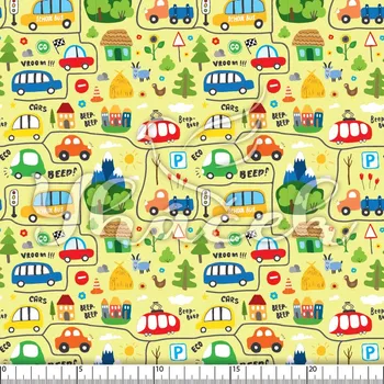 Zakázkový tisk, softshell, kočárkovina... Auta a zvířátka na žluté Látky k tisku: Microfirba