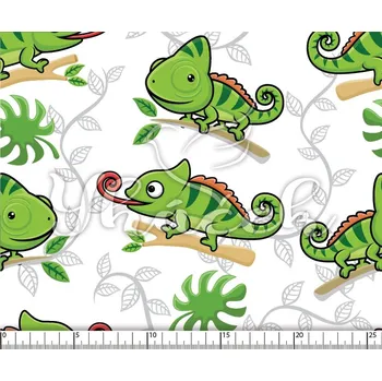 Zakázkový tisk, softshell, kočárkovina... Veselí chameleoni na bílé Látky k tisku: Microfirba