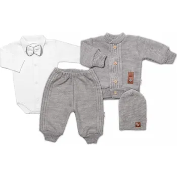 Dětská móda 5-dílná pletená sada Baby Nellys, Boy, body, kalhoty, svetr, čepička, motýlek - šedá, 68, 68 (3-6m)