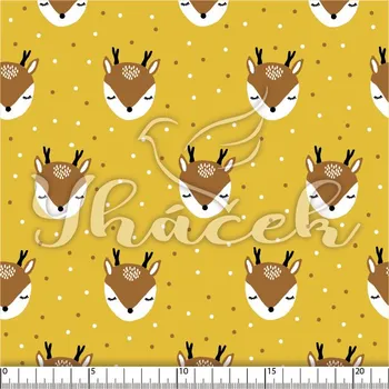 Zakázkový tisk, softshell, kočárkovina... Koloušek a puntíčky na hořčicové Látky k tisku: Microfirba