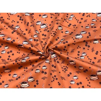 Bavlněný satén šálky a kávová zrna na rezavé - Vzor od Mamtex.cz