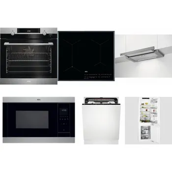 Set domácích spotřebičů AEG Mastery SteamBake BCK455350M + AEG Mastery SenseFry IAE64431FB + AEG DPE5660M + AEG Mastery MSB2547D-M + AEG FSE74707P + AEG Mastery FlexiShelf SCE818D3LC